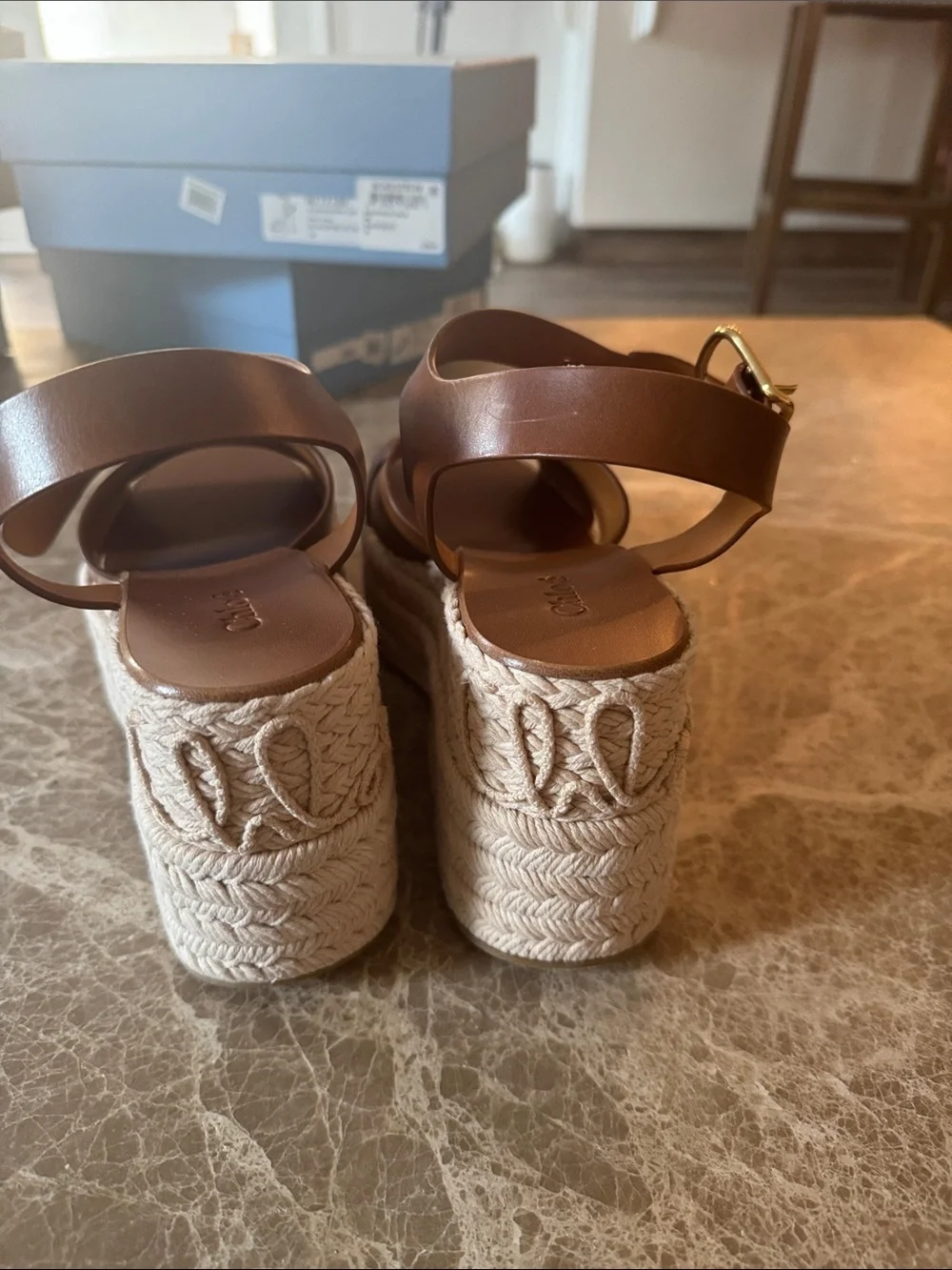 Chloe Brown Leather Espadrille Platform Sandals